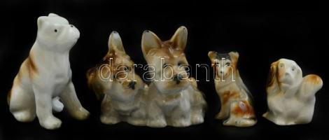 3 db + 1 pár porcelán kutya, kézzel festett, jelzetlen, apró kopásokkal, csorbákkal m: 5,5 cm, 3,5 cm, 4 cm, 6 cm