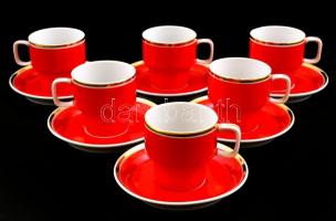 6 db Hollóházi retró piros porcelán csésze és hozzá tartozó aljak, matricás, jelzett, apró kopásokkal, m: 5,5 d: 11 cm