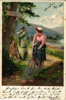 1901 Für Radfahrer verboten! / Prohibited for cyclists! Lady on bycicle, hunter with a rifle behind her. No. 7178. litho (fl)