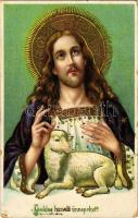 1912 Kellemes Húsvéti Ünnepeket! / Easter greeting card with Jesus and sheep. Emb. litho (EB)