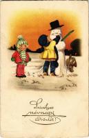 1931 Szívélyes névnapi üdvözlet! / Name Day greeting card, snowman (EB)