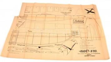 cca 1940-46 Aeromechanika repülőgépmodel-terv, K-110 kadét gumimotoros modelhez, tervezte: Koppány György, 63x94 cm, szakadással, eredeti kiadói papírmappában
