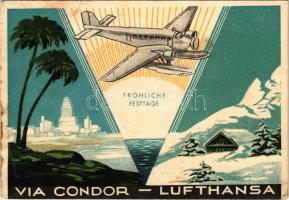 1937 Fröhliche Festtage! Via Condor. Lufthansa / German airline advertising card, seaplane (EB)