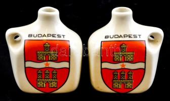 Zsolnay Budapest mintás porcelán butellák, 2 db, matricás, jelzett, kopásokkal m: 7,5 cm