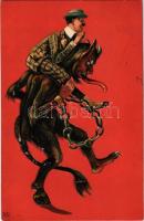 1908 Man with Krampus in chains. EAS. Emb. litho