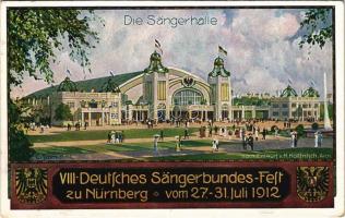 1912 VIII. Deutsches Sängerbundes-Fest zu Nürnberg vom 27-31. Juli 1912. Die Sängerhalle / 8th German Song Festival in Nuremberg, advertising card, coat of arms, concert hall s: H. Höllfritsch (wet corner)