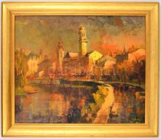 Mág Tamás (1952-2019): Nagyvárad, kora esti hangulat a Körös partján. Olaj, vászon, jelzett a hátold...