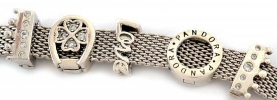 Ezüst(Ag) Reflexion karkötő, Pandora jelzéssel, 5 db charmmal, h: 18,5 cm, bruttó: 19,78 g