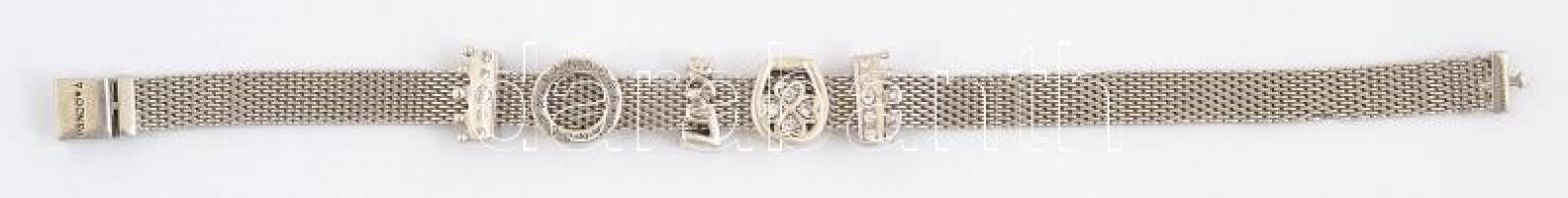 Ezüst(Ag) Reflexion karkötő, Pandora jelzéssel, 5 db charmmal, h: 18,5 cm, bruttó: 19,78 g