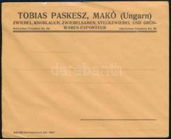 cca 1891 Makó, Paskesz Tóbiás hagyma, fokhagyma, hagymamag, hagyma és zöldárú-exportőr német nyelvű borítékja,