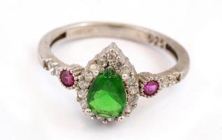 Ezüst(Ag) színes kövekkel díszített ékszerszett (nyaklánc, karkötő, gyűrű, fülbevalópár), jelzett, b...