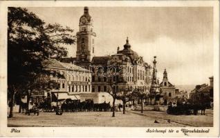 1925 Pécs, Széchenyi tér, városháza, piac, Szentháromság szobor, Steiner Simon üzlete