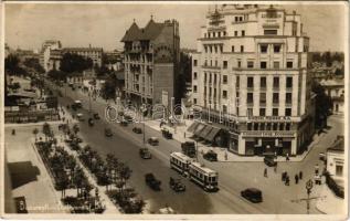 1936 Bucharest, Bukarest, Bucuresti; Bulevardul Bratianu, Consumul Coop. Economia / street view, tram, automobiles, cooperative, hotel, shops. B. L. Norland photo (EK)