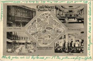 1917 Berlin, Cafe Woerz, Woerz Billard Akademie, Bilardsaal, Garten, Café. System Voege-Plan / café, interior, billiard room, pool tables, garden, map