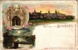 Bamberg, Portal Prells Haus, Bamberg vom Hain, Regnitzpartie. Franck Caffee-Zusatz / general view, bridge, gate. Franck coffee advertisement. Art Nouveau, floral, litho (worn corners)