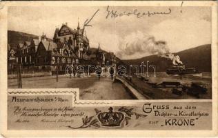 1910 Assmannshausen (Rüdesheim am Rhein), Gruss aus dem Dichter- u. Künstlerheim zur Krone / hotel, steamship (EK)