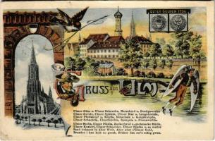1907 Ulm, Gruss aus Ulm. Ulmer-Gulden 1704 / general view, cathedral, coins. Art Nouveau (wet corner)