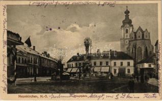 1920 Neunkirchen, Hauptplatz / main square, church, Holy Trinity statue, shops, flag. Julius Seiser Nr. 5405. (EK)