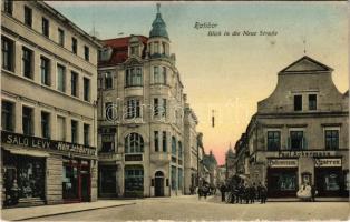 1914 Racibórz, Ratibor; Blick in die Neue Straße, Drogerie / street view, shops of Paul Ackermann, Salo Levy, Heinrich Berger, drugstore, pharmacy, café, bicycle (Rb)