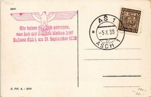 1938 As, Asch;  general view + "Wir haben da Joch getragen nun find wir frei und bleiben frei! ...