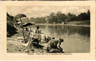 Torino, Turin; Rive del Po e Castello del Valentino / women washing in the river, castle (wet corner)