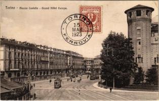 1923 Torino, Turin; Piazza Castello, Grand Hotel Europa / square, hotel, tram