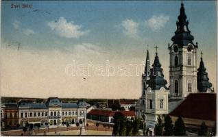 1936 Óbecse, Stari Becej; Fő tér, templom, üzletek / main square, church, shops