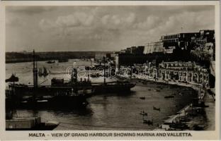 Valletta, general view of Grand Harbour showing Marina and Valletta, steamships, boats