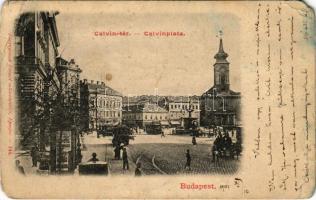 1901 Budapest VIII. Kálvin tér, villamosok, templom, szökőkút. Divald 144. (EB)