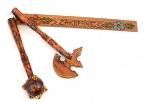 Zakopane feliratú festett fa emléktárgy, 3 részes, kopottas állapotban, 9x23 és 31,5 cm