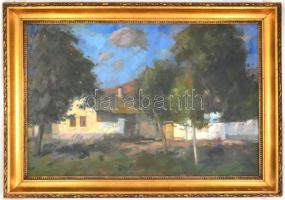 Moldován István (1911-2000): Napfényes utca. Olaj, vászon, jelzett, díszes, kissé sérült keretben, 6...