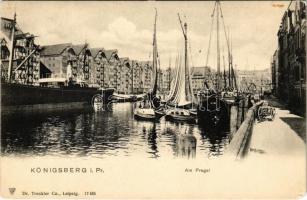 Kaliningrad, Königsberg; Am Pregel / port, quay, steamship, sailing vessels, fishing boats. Dr. Trenkler Co. (EM)