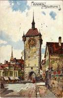 Baden-Baden, Stadtturm / clock tower, restaurant, street view. Postkartenverlag Th. Zingg No. 2156. s: A. Meyer
