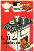 Gáz a háztartásban. Seidner litográfia / Hungarian gas advertising card + 1939 X. Őszi Lakberendezési és Háztartási Vásár Budapst So. Stpl. (EK)