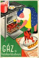 Gáz a háztartásban. Seidner litográfia / Hungarian gas advertising card + 1939 X. Őszi Lakberendezési és Háztartási Vásár Budapst So. Stpl. (fa)