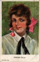 Blühende Rosen / Blooming Roses. Lady art postcard. No. 665. s: Chicky Spark (EK)