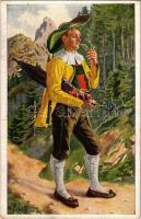 Eggental. Südtiroler Trachten / Italian-Austrian folklore from South Tyrol, man smoking a pipe. Joh. F. Amonn s: Tiefenthaler (EK)