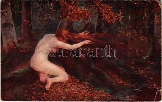 Herbstlied / Czech erotic art postcard, nude lady in the woods. Galerie dartistes tcheques N. 37. s: J. ryt. Skramlík (EK)