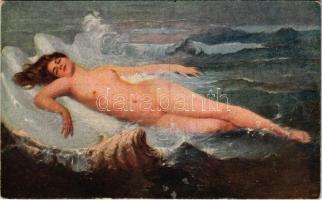 1918 Meztelen hölgy művészeti képeslap. Rotophot Nr. 593. s: Tolnay, 1918 Venus Anadyomene / Erotic nude lady art postcard. Rotophot Nr. 593. s: Tolnay