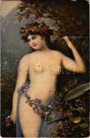 Bacchantin / Bacante / Erotic nude lady art postcard. "Apollon Sophia" 64. s: Bernhard, Hölgy, erotikus művészeti képeslap / Erotic nude lady art postcard. "Apollon Sophia" 64. s: Bernhard
