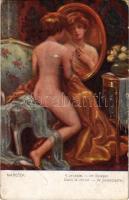 Im Spiegel / Dans le miroir / Erotic nude lady art postcard with mirror s: Marecek, Hölgy a tükör előtt, erotikus művészeti képeslap s: Marecek