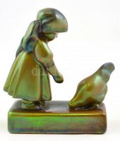 Zsolnay eozin mázas tyúkot etető kislány, jelzett, apró lepattanással, kopásokkal, m: 11,5 cm