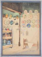 Lina Lentini jelzéssel: Szobabelső gyerekággyal. Akvarell, ceruza, papír. Üvegezett, kissé sérült fa...
