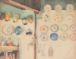 Lina Lentini jelzéssel: Szobabelső gyerekággyal. Akvarell, ceruza, papír. Üvegezett, kissé sérült fa...