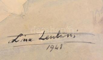 Lina Lentini jelzéssel: Szobabelső gyerekággyal. Akvarell, ceruza, papír. Üvegezett, kissé sérült fa...