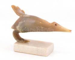 Szaruból készült madár figura, alabástrom talapzattal, 12x20 cm