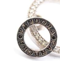 Ezüst(Ag) karikás fülbevalópár, apró kövekkel, Pandora jelzéssel, d: 2 cm, bruttó: 3,78 g