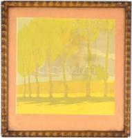 Jelzés nélkül, 1910 körül: Táj fákkal és házzal. Linómetszet, papír, hátoldalán budapesti keretező r...