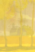 Jelzés nélkül, 1910 körül: Táj fákkal és házzal. Linómetszet, papír, hátoldalán budapesti keretező r...