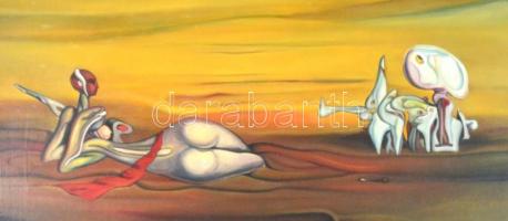 Ifj. Guti József Soma (1946-): Homokos part (szürreális táj). Olaj, farost, jelzett, két apró sérülé...